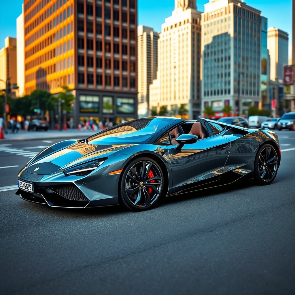 A sleek and modern gray sports car parked on a city street, showcasing its aerodynamic design, shiny metallic body, and luxurious interior