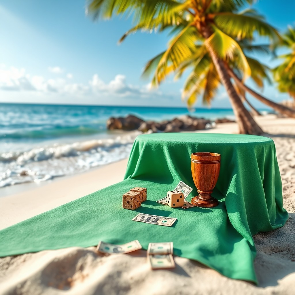 A closed wooden table draped with a green tablecloth, featuring a wooden cup and a pair of dice positioned next to scattered dollar bills, all situated on the sandy shores of a Caribbean beach