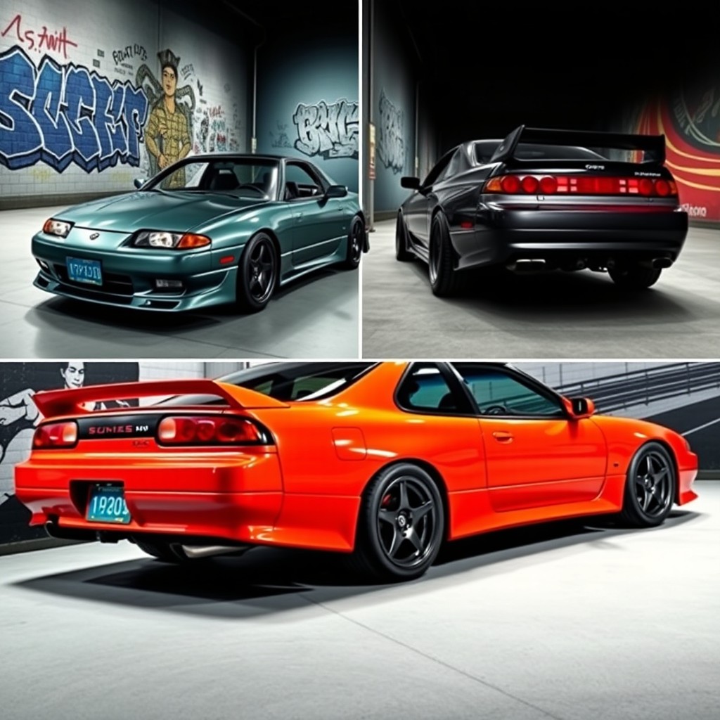 An artistic composition featuring four Nissan Silvia S13 cars, each positioned in a corner of the image