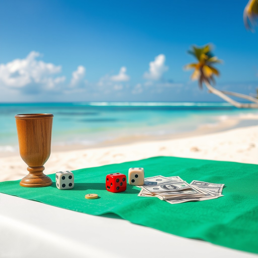 A pair of dice and a wooden cup are arranged next to scattered dollar bills on a closed table covered with a green tablecloth, set against the stunning backdrop of a Caribbean beach