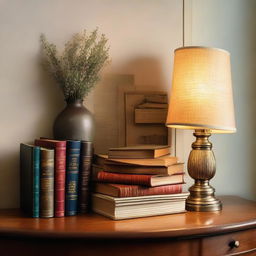 A collection of hardcover books of various colors and sizes stacked on a wooden table under the soft glow of a vintage table lamp