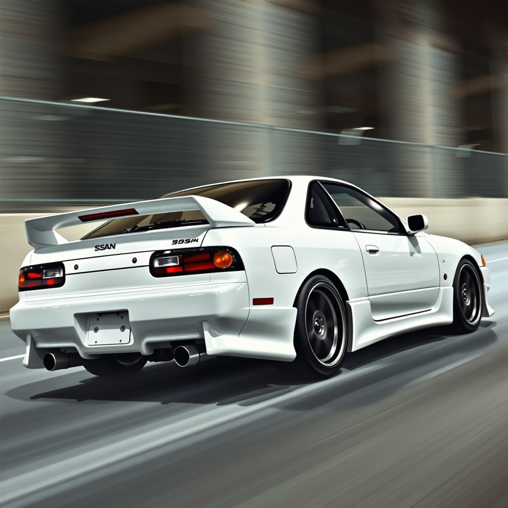 A stunning Nissan Silvia S13 car depicted as spinning or drifting, showcased from a rear angle