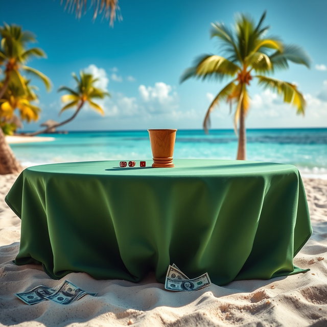 A closed table adorned with a green tablecloth is set on the sandy beaches of the Caribbean, featuring a wooden cup and a pair of dice placed next to scattered dollar bills