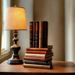 A collection of hardcover books of various colors and sizes stacked on a wooden table under the soft glow of a vintage table lamp