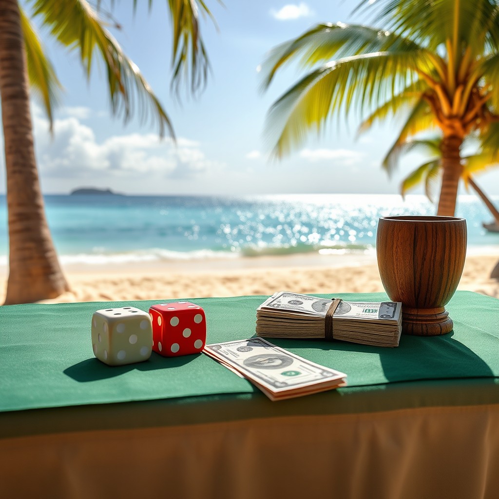 Double dice and a wooden cup placed next to a stack of dollar bills on a closed table covered with a green tablecloth, located on a stunning Caribbean beach