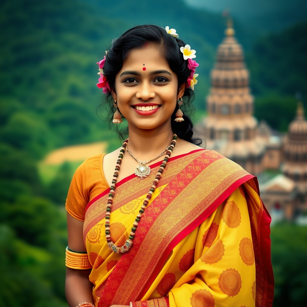 A portrait of a Tamil woman, showcasing her rich cultural heritage through traditional attire