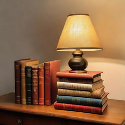 A collection of hardcover books of various colors and sizes stacked on a wooden table under the soft glow of a vintage table lamp