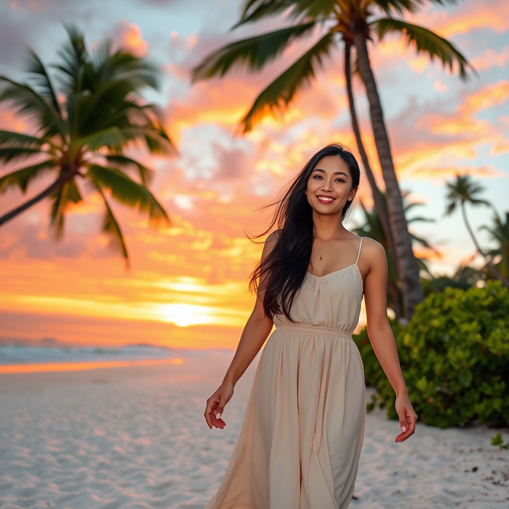 A gorgeous Asian woman gracefully walking on a tropical beach during a breathtaking sunset