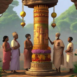 Generate an image showing Ramu and his fellow villagers, their faith evident, actively participating in adorning a powerful pillar with incense, lamps, fruits, and flowers.