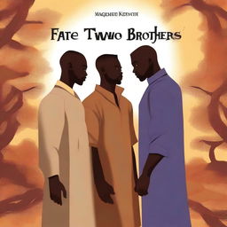 A high-quality digital art piece designed as a book cover for 'Fate of Two Brothers' by Magembe Kenneth