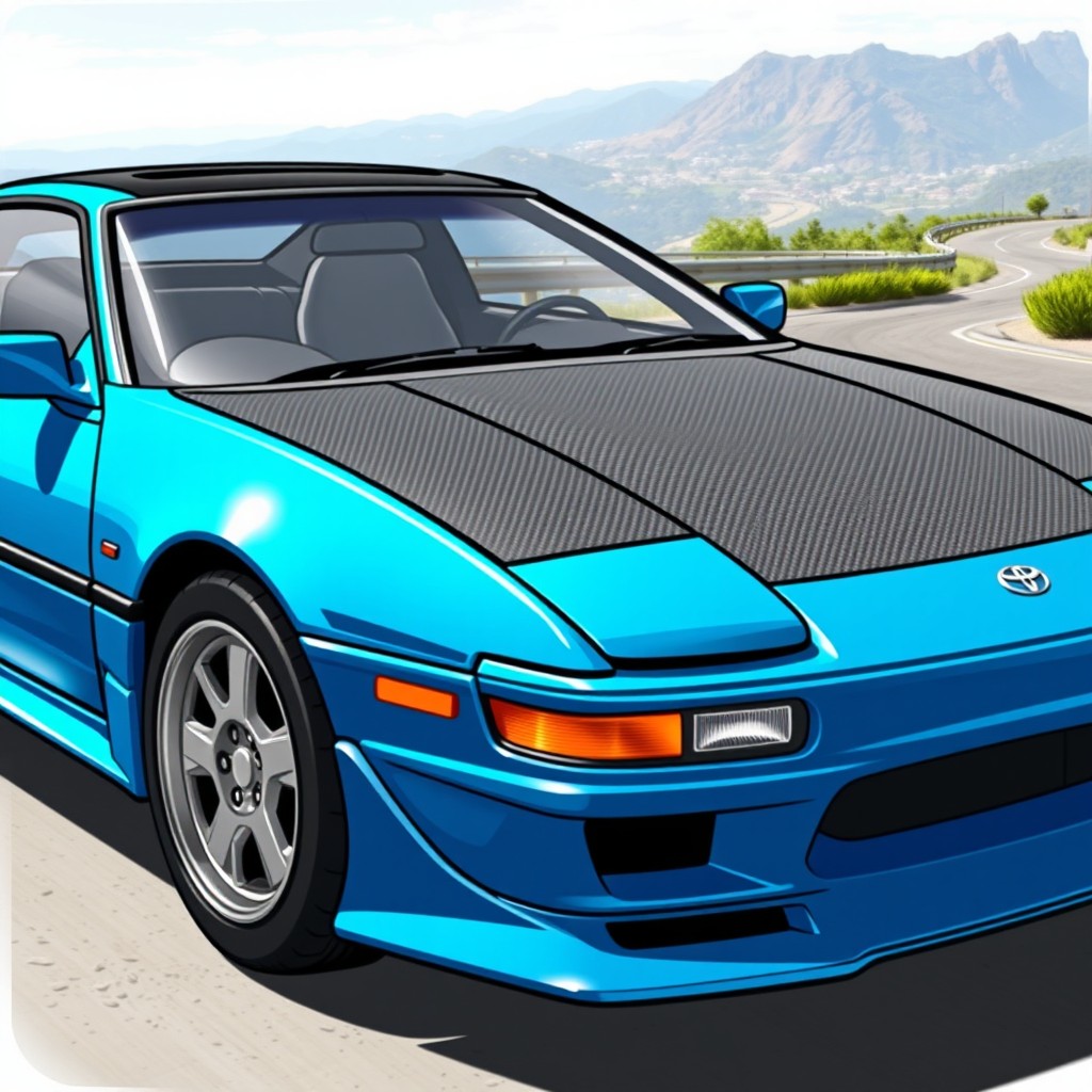 A detailed illustration of a blue Toyota Celica with a black roof and a carbon fiber hood
