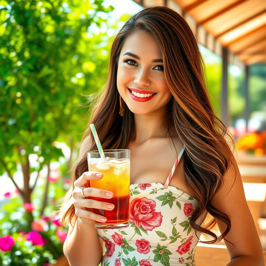 A stunning portrait of an attractive woman with long flowing brunette hair, wearing a stylish summer dress with floral patterns
