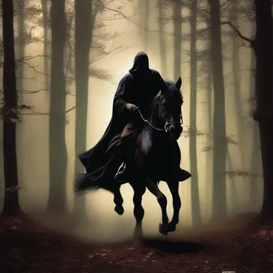 In the eerie night, the ghostly figure of the headless horseman galloped barebacked through the forest.
