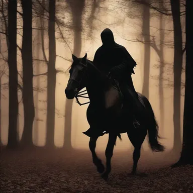In the eerie night, the ghostly figure of the headless horseman galloped barebacked through the forest.