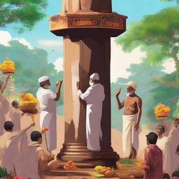 Generate an image showing Ramu and his fellow villagers, their faith evident, actively participating in adorning a powerful pillar with incense, lamps, fruits, and flowers.