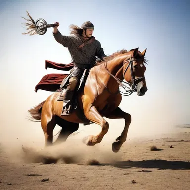 The fearless warrior charged into battle barebacked, displaying incredible balance and skill on his trusty steed.