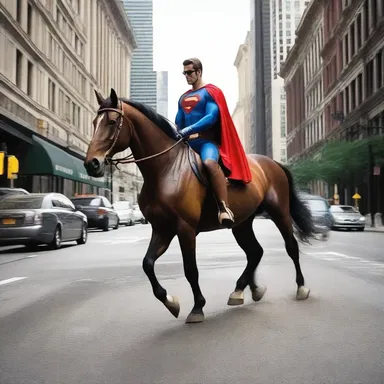 The superhero rode barebacked on his horse, swiftly patrolling the city streets.