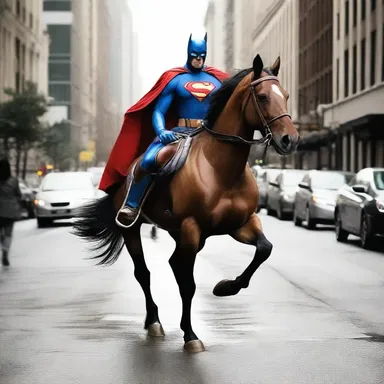 The superhero rode barebacked on his horse, swiftly patrolling the city streets.