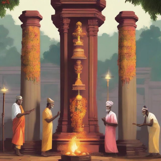 Generate an image showing Ramu and his fellow villagers, their faith evident, actively participating in adorning a powerful pillar with incense, lamps, fruits, and flowers.