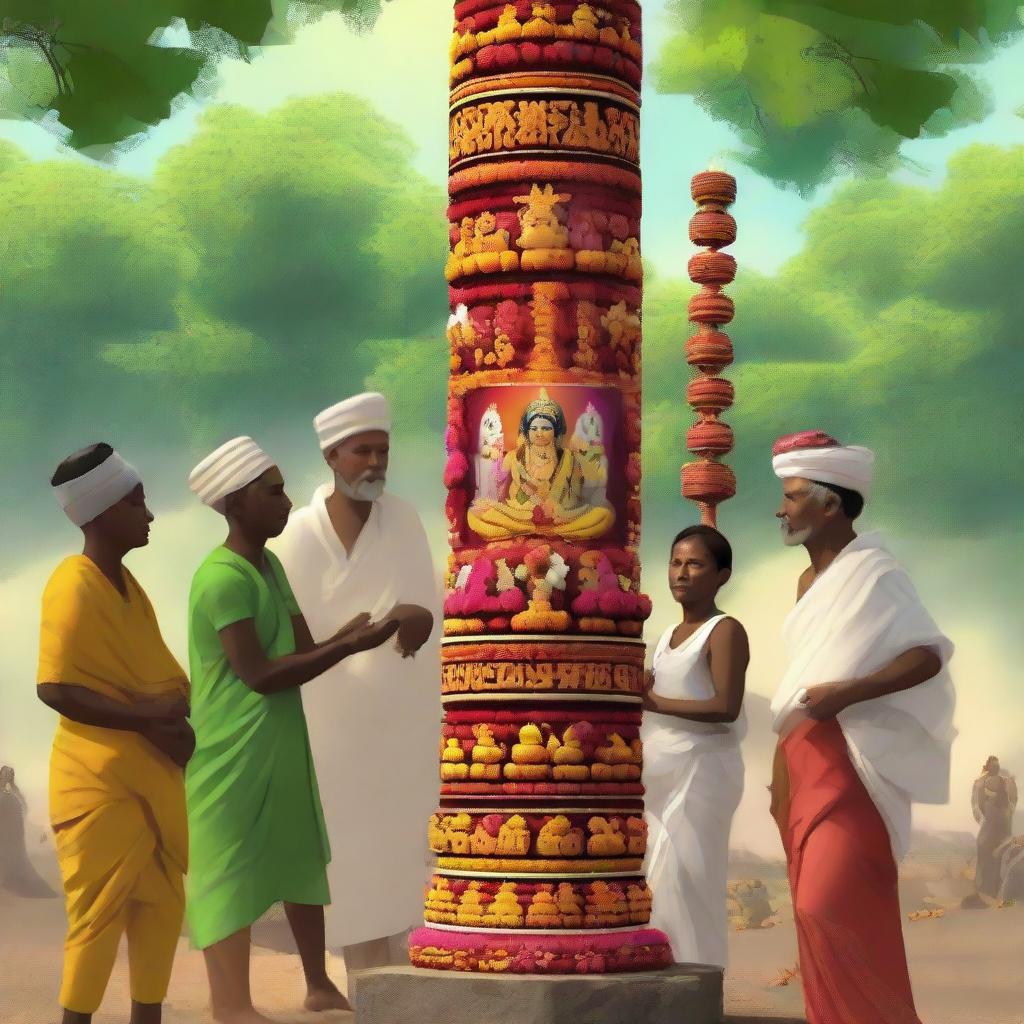 Generate an image showing Ramu and his fellow villagers, their faith evident, actively participating in adorning a powerful pillar with incense, lamps, fruits, and flowers.