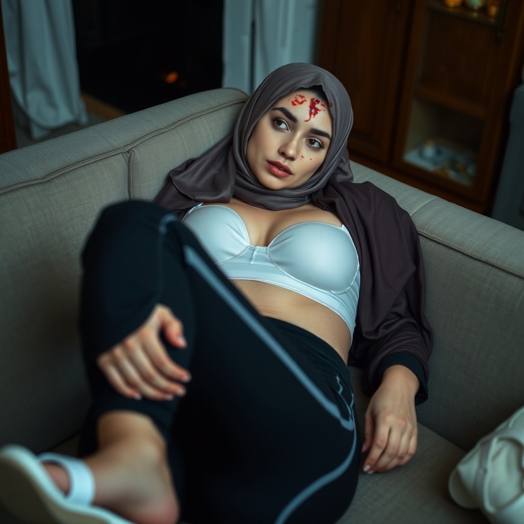 A Syrian woman wearing a hijab is unconscious on a sofa, with blood on her head