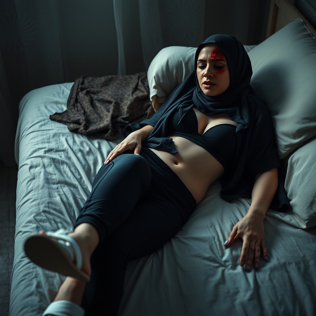 A tragic scene depicting a Syrian woman wearing a hijab, who has been victimized, lying on a bed with a fatal wound to her head