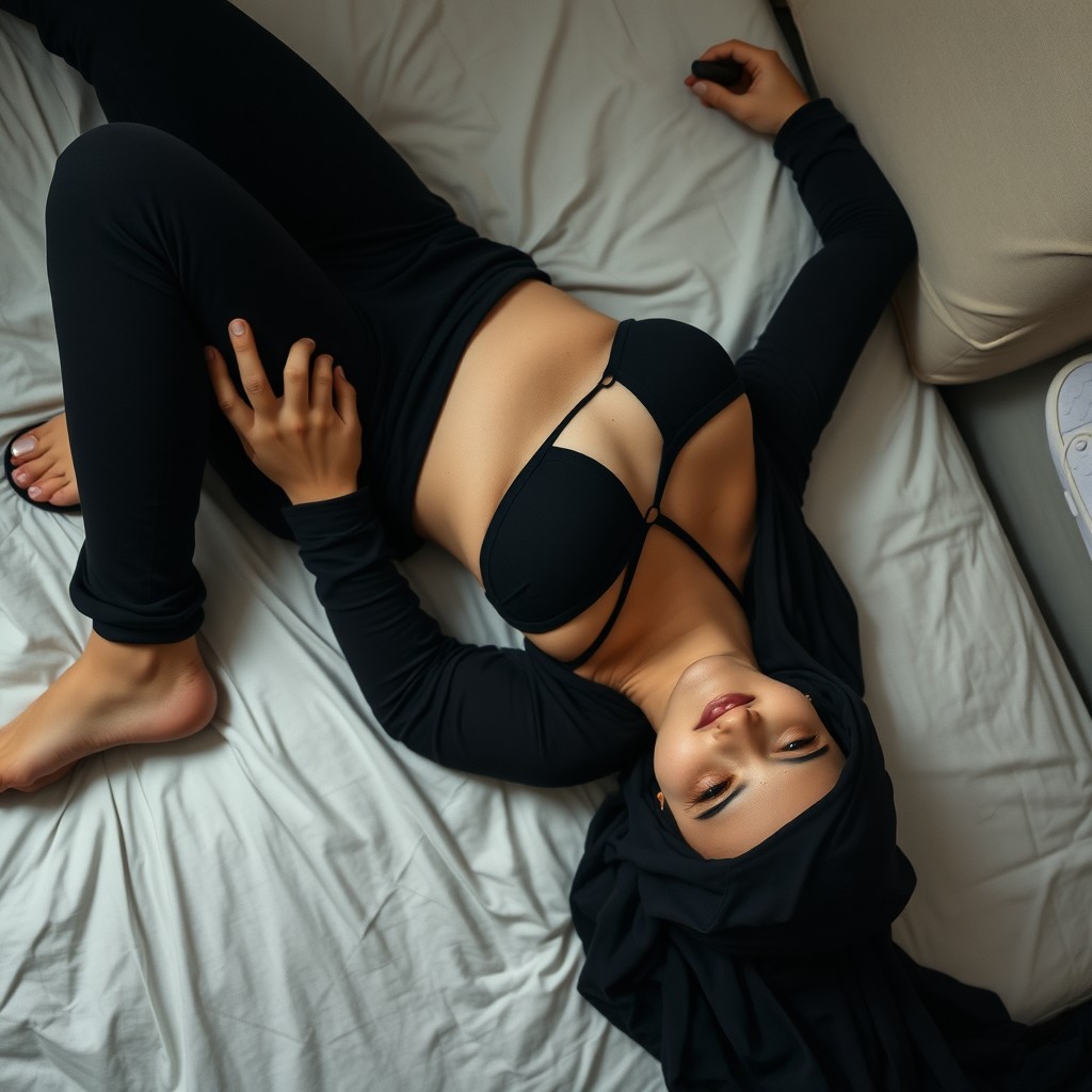 A Syrian woman in a hijab, unconscious, lying on her back on a bed