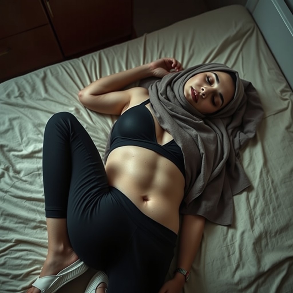 A Syrian woman in a hijab, unconscious on her back on a bed due to sleeping pills