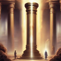 Generate an image of the ancient pillar radiating with divine energy, and Ramu standing nearby, surrounded by an aura indicating the special abilities he is receiving.