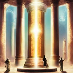 Generate an image of the ancient pillar radiating with divine energy, and Ramu standing nearby, surrounded by an aura indicating the special abilities he is receiving.