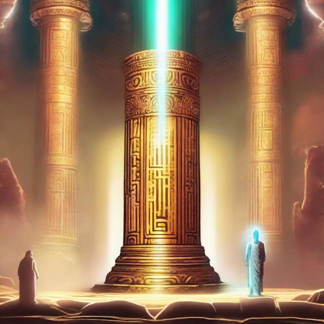 Generate an image of the ancient pillar radiating with divine energy, and Ramu standing nearby, surrounded by an aura indicating the special abilities he is receiving.