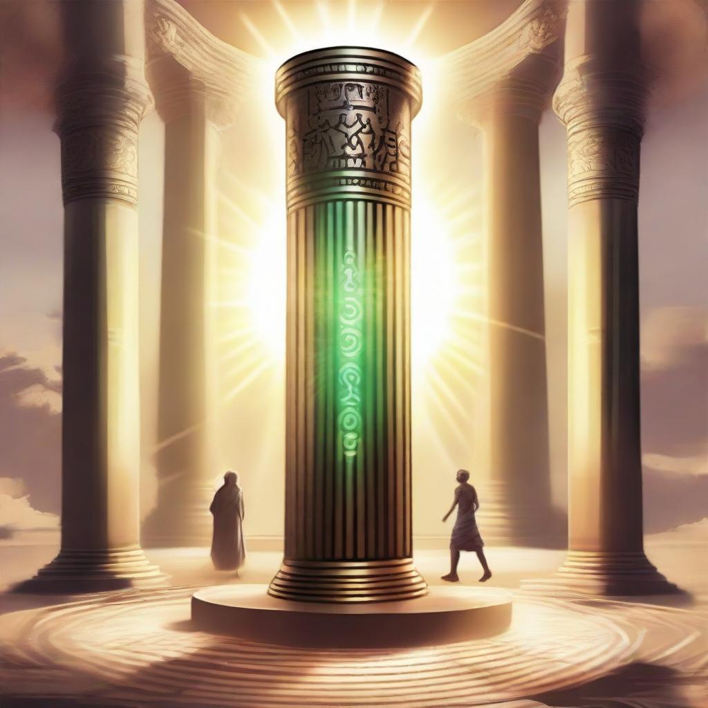 Generate an image of the ancient pillar radiating with divine energy, and Ramu standing nearby, surrounded by an aura indicating the special abilities he is receiving.