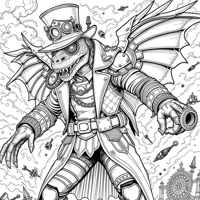 A black and white line art coloring page featuring a monstrous steampunk male figure in a dramatic action pose