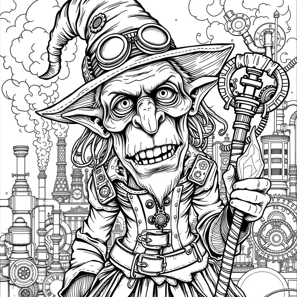 Grotesque Steampunk Witch Coloring Page - Detailed Black and White Art