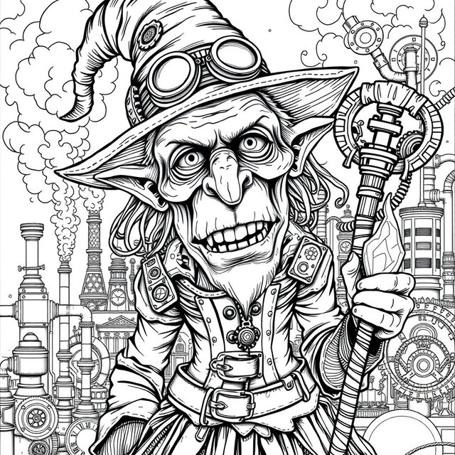 A grotesque steampunk witch depicted in detailed black and white line art for a coloring page