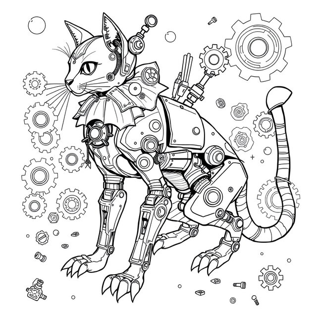 A black and white line art coloring page featuring a steampunk mechanical cat with a sleek and angular body crafted from metal plates and rivets