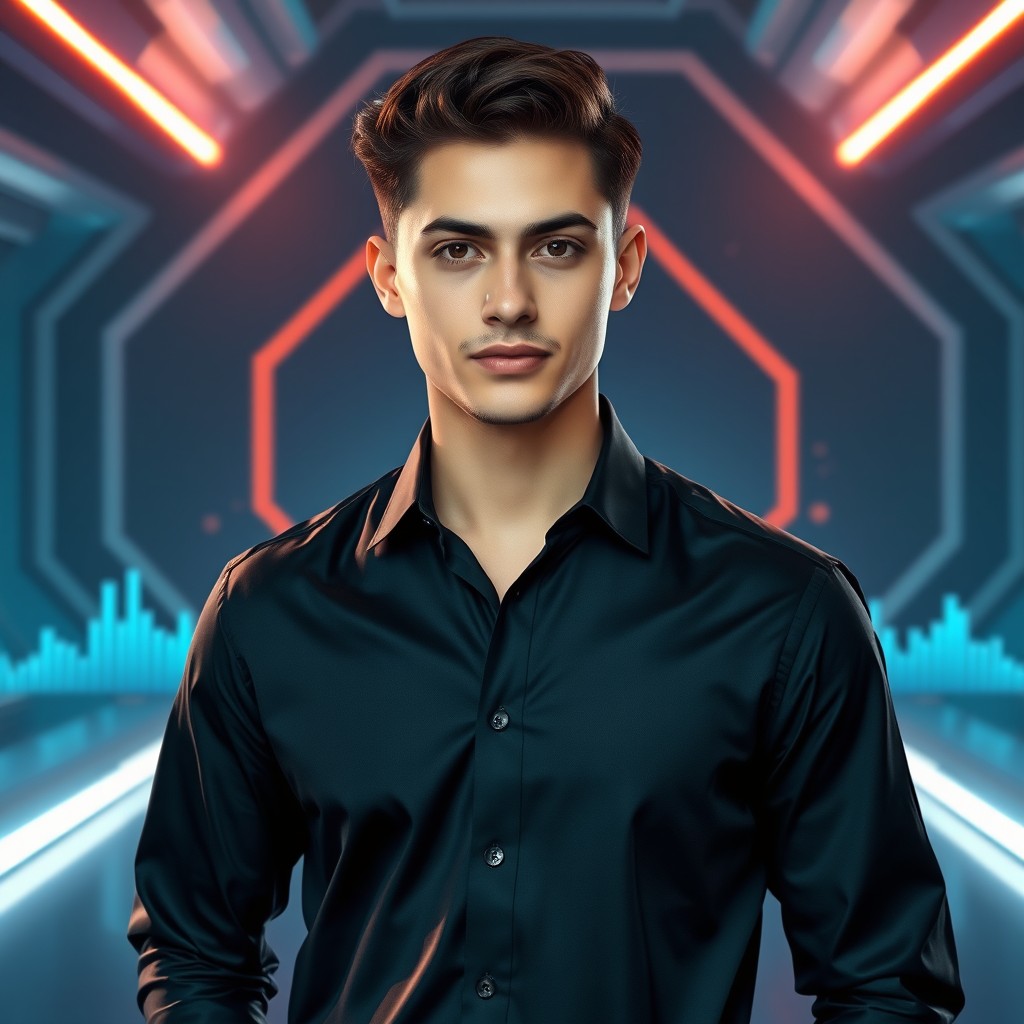 A confident young man around 20 years old, wearing a sleek matte black shirt, standing in a modern, tech-inspired environment featuring futuristic abstract shapes, neon lighting accents, and clean gradients
