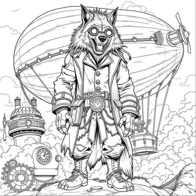 A detailed black and white line art coloring page featuring a proud steampunk werewolf standing next to a large airship balloon