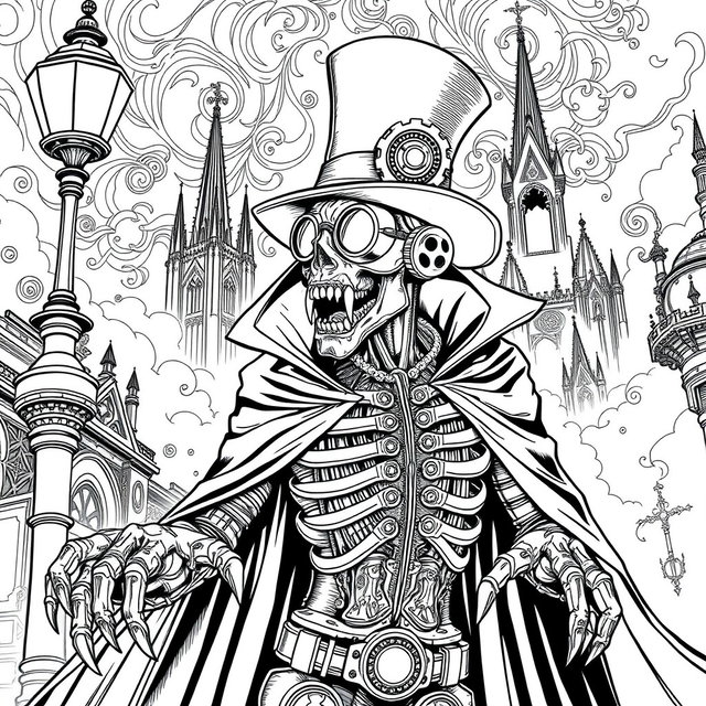 A black and white line art coloring page of a steampunk vampire cyborg