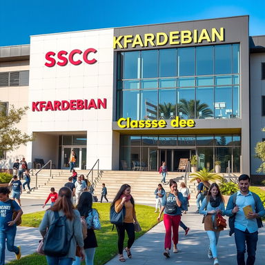 A modern academic building labeled 'SSCC KFARDEBIAN' prominently displayed, featuring sleek architecture with large glass windows and a vibrant entrance area
