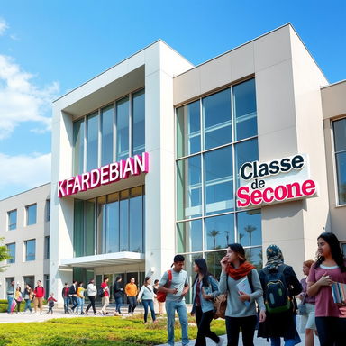 A modern academic building labeled 'SSCC KFARDEBIAN' prominently displayed, featuring sleek architecture with large glass windows and a vibrant entrance area