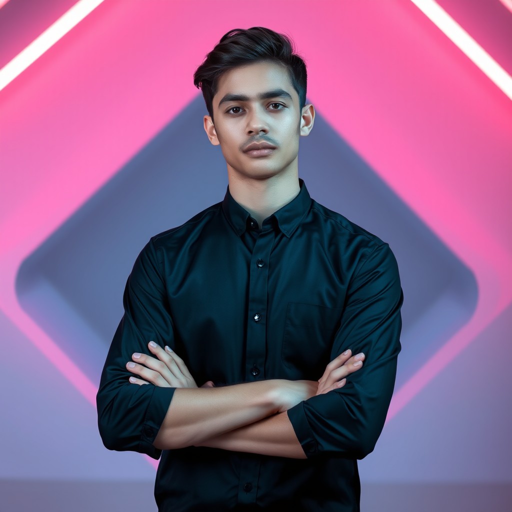 A confident young man around 20 years old, wearing a sleek matte black shirt, standing in a modern, tech-inspired environment