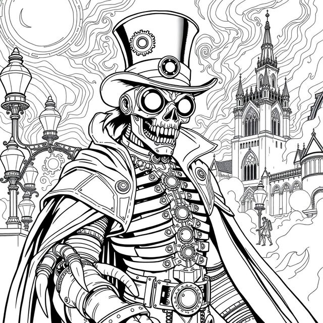 A black and white line art coloring page featuring a steampunk vampire cyborg