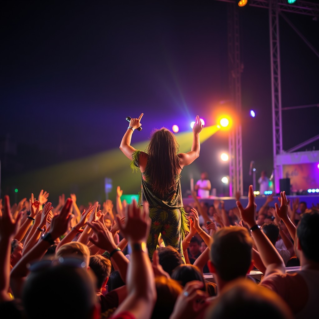 A Caribbean singer performing on a concert stage, facing a lively audience
