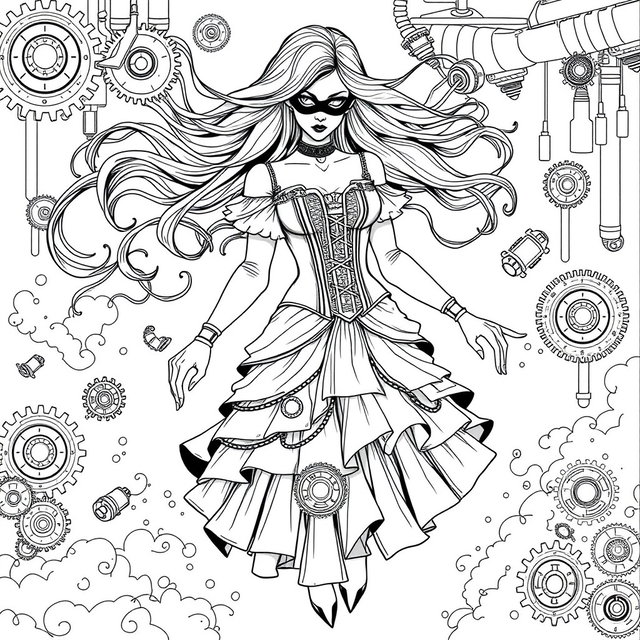 A black and white line art coloring page featuring a floating steampunk ghost woman