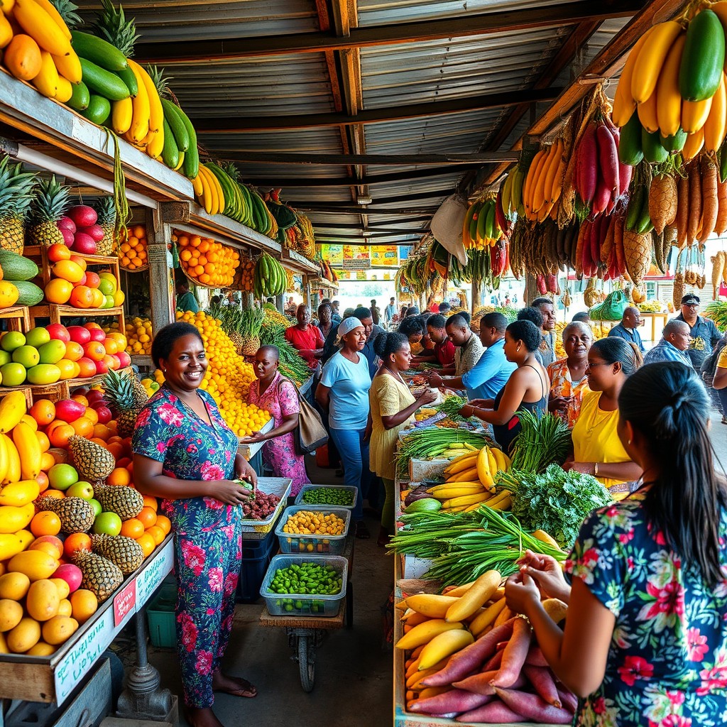 A vibrant Caribbean fruit and vegetable market bustling with activity