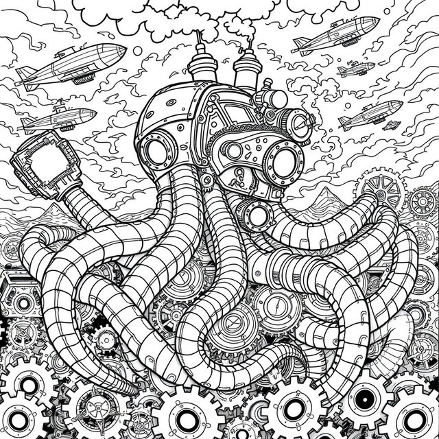 A detailed black and white line art coloring page featuring a giant steampunk kraken