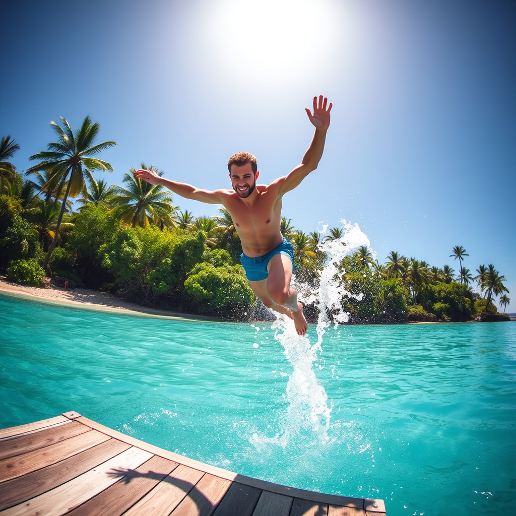 A man diving gracefully from a dock into the turquoise waters of the Caribbean