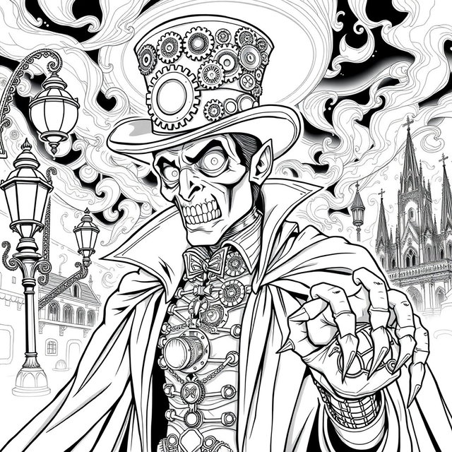 A black and white line art coloring page depicting a steampunk vampire