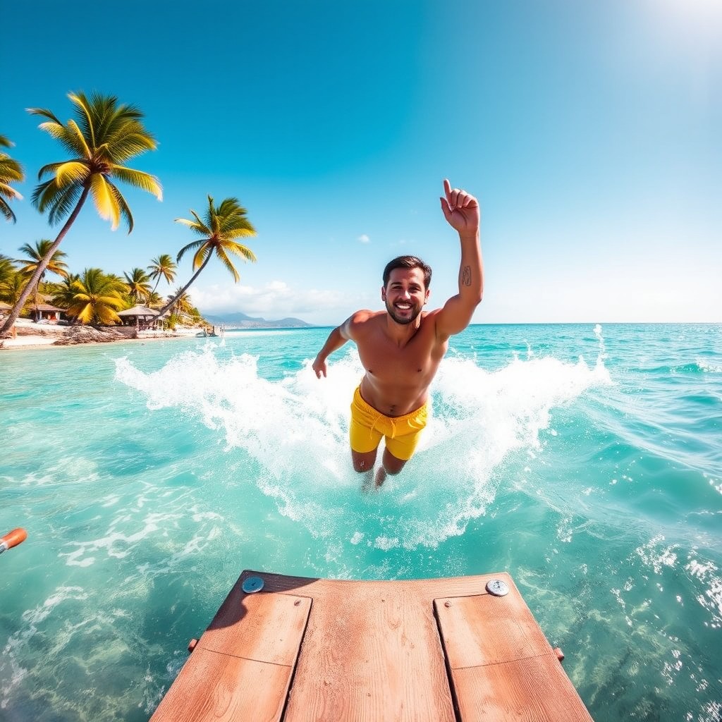 A man diving off a dock into the clear turquoise waters of the Caribbean